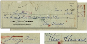 Moe Howard Check Signed to Larry Fine -- Endorsed by Larry on Verso -- Dated 10 November 1959 -- Measures 8.25 x 3 -- Very Good Condition  